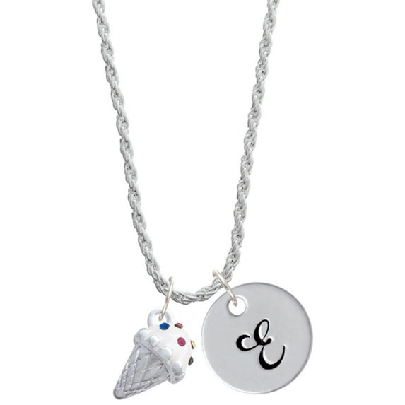 Delight Jewelry 3-D Vanilla Ice Cream Cone with Crystal Sprinkles Silvertone Script Initial Disc - E - Charm Necklace, 20"+3"