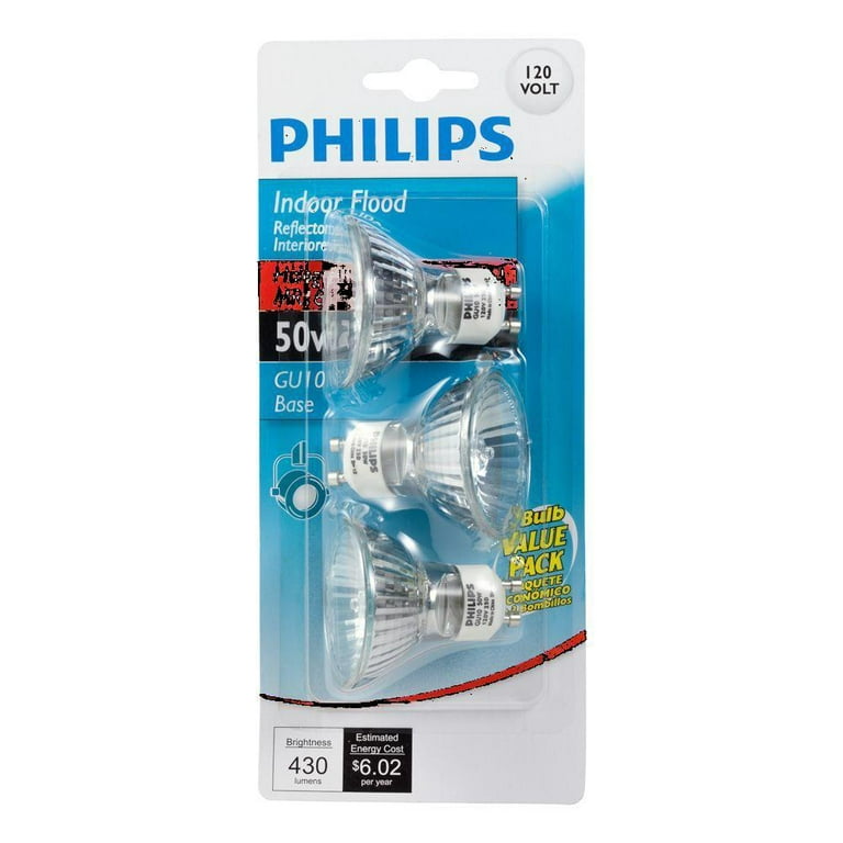 Philips 415794 Indoor Flood 50-Watt MR16 GU10 Base 120-Volt Light Bulb,  3-Pack