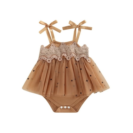 

Infant Baby Girl Tutu Romper Dress Summer Clothes Floral Lace Tulle Patched Strap Spaghetti Sling Bodysuit Dress