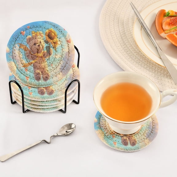 YAZAOO 6Pcs Drink Coasters With Holder 3.94Inch Bear with Sunflowers Creative Coil Coaster Coasters Colors Absorbent Coasters for Drinks Coasters Set Thicken Heat for Home Table