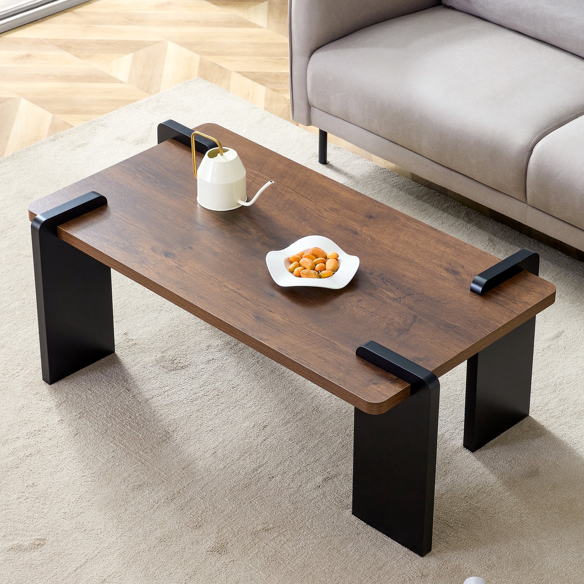 TesNus 39" Walnut Coffee Table, Modern MDF Rectangle Center Table with Black Solid Legs for Living Room Small Space