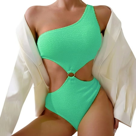 Xudanell Women s Sexy Thong Cutout Tie Beach One Piece Slanted shoulder Swimsuit Bathing Suit Summer Swimwear (Green S)