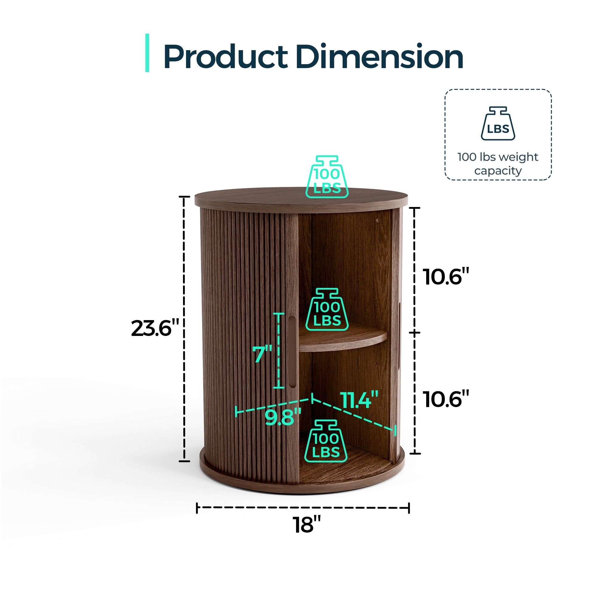LINSY HOME Fluted Round End Tables for Living Room, Nightstand for Bedroom with with Sliding Tambour Door and Adjustable Shelves, Walnut(1 Pcs)