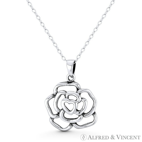 Rose Flower Charm Open Design 24x18mm (0.9x0.7in) Pendant in Oxidized .925 Sterling Silver