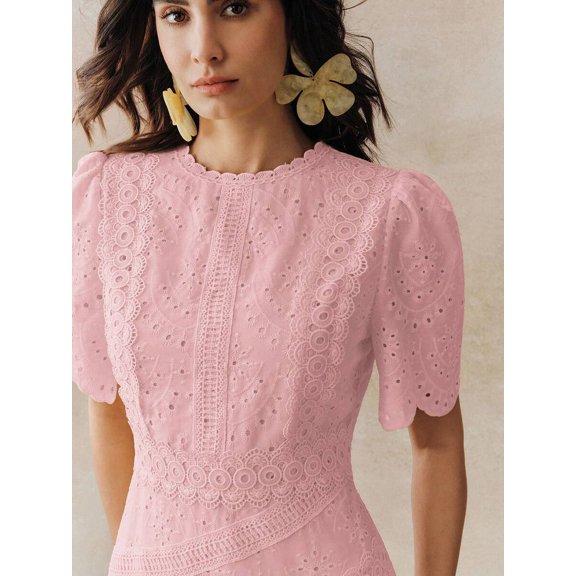 Pink Eyelet Lace Puff Sleeve A-Line Maxi Dress With Scalloped Neck