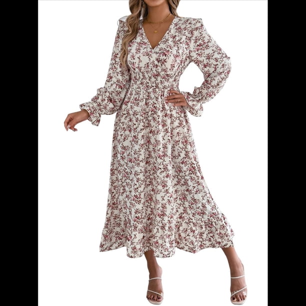 Vestido de Mujer con Estampado Floral, Cuello en V, Dobladillo con Volantes y Cintura Fruncida. XL