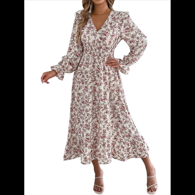 Vestido de Mujer con Estampado Floral, Cuello en V, Dobladillo con Volantes y Cintura Fruncida. XL