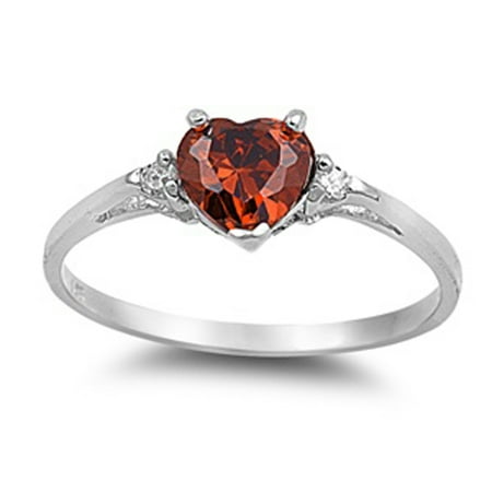 Simulated Garnet Ring Sterling Silver Women's Flawless Simulated Garnet Cubic Zirconia Solitaire Heart Ring (Sizes 3-10) (Ring Size 10) ()