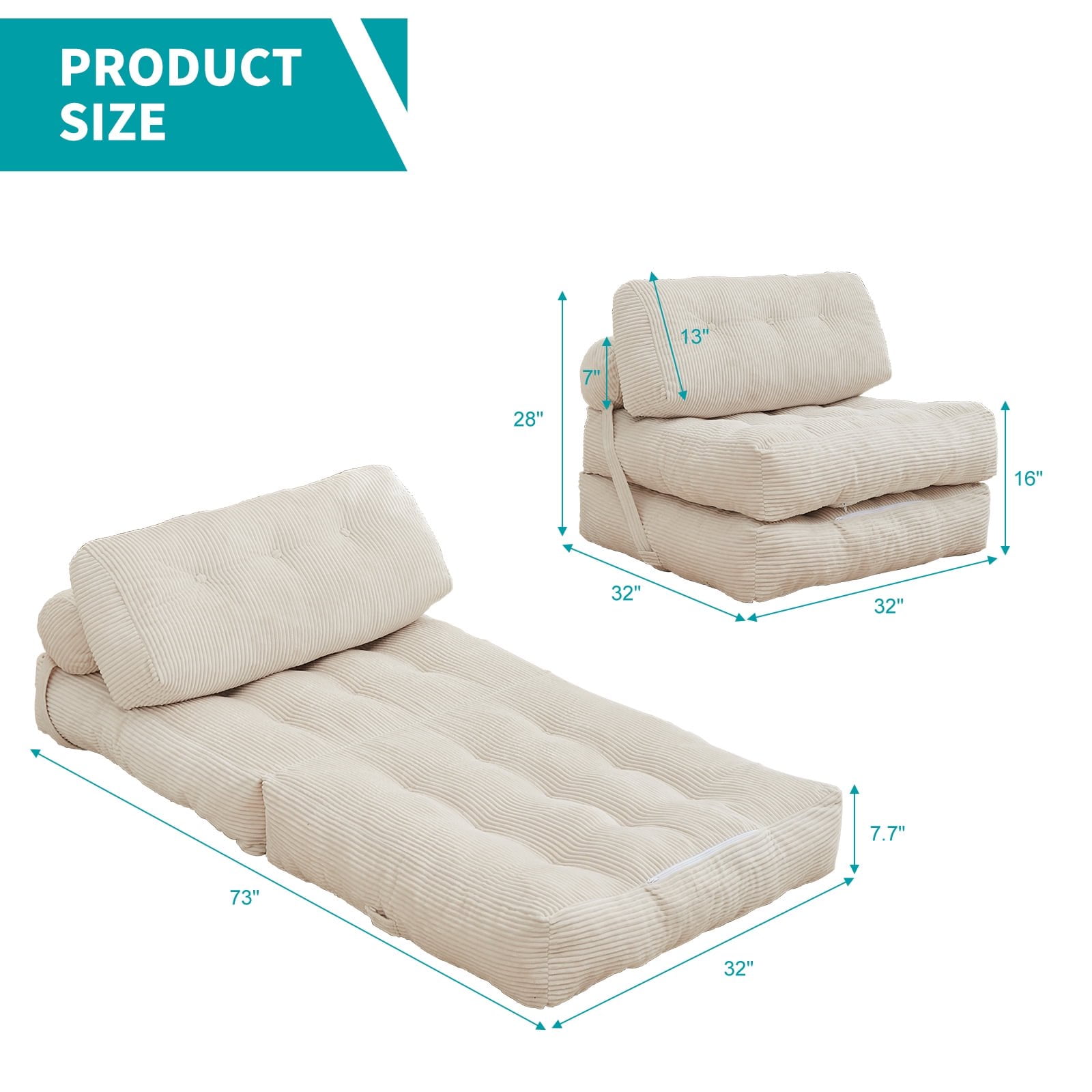 BALUS Folding Sofa Bed, Convertible Couch Sleeper,Fold Out Couch Bed,Floor Couch with Foam for Living Room/Bedroom, 32"W Beige