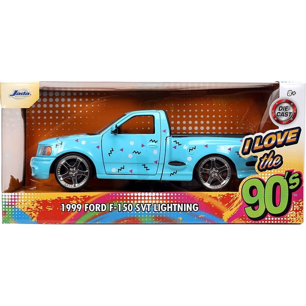 Jada Toys I Love The 90's 1:24 1999 Ford F150 SVT Lightning Die-cast Car - Sky Blue, Opening Doors/Hood, Rubber Tires