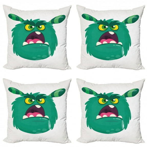 Alien Throw Pillow Cushion Case Pack of 4, Fluffy Monster Angry Face Expression Hungry Big Teeth Cartoon Cartoon, Modern Accent Double-Sided Print, 4 Sizes, Sea Green Pink, by Ambesonne