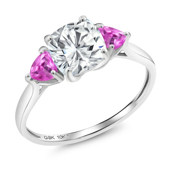 Gem Stone King 10K White Gold White Moissanite and Pink Created Sapphire 3-Stone Engagement Ring for Women (2.30 Cttw, 7MM Cushion and 4MM Trillion, Size 7)