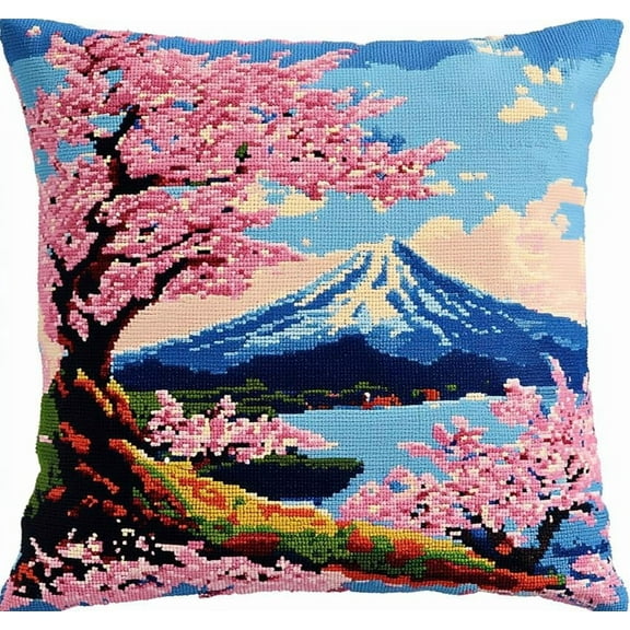 Japanese Style Latch Hook Kit Cushion for Adults,Snow Mountain Cherry Blossom Tree,DIY Craft Latch Hook Embroidery Latch Hook Pillow Cover Kit for Christmas/Gifts,17x17in