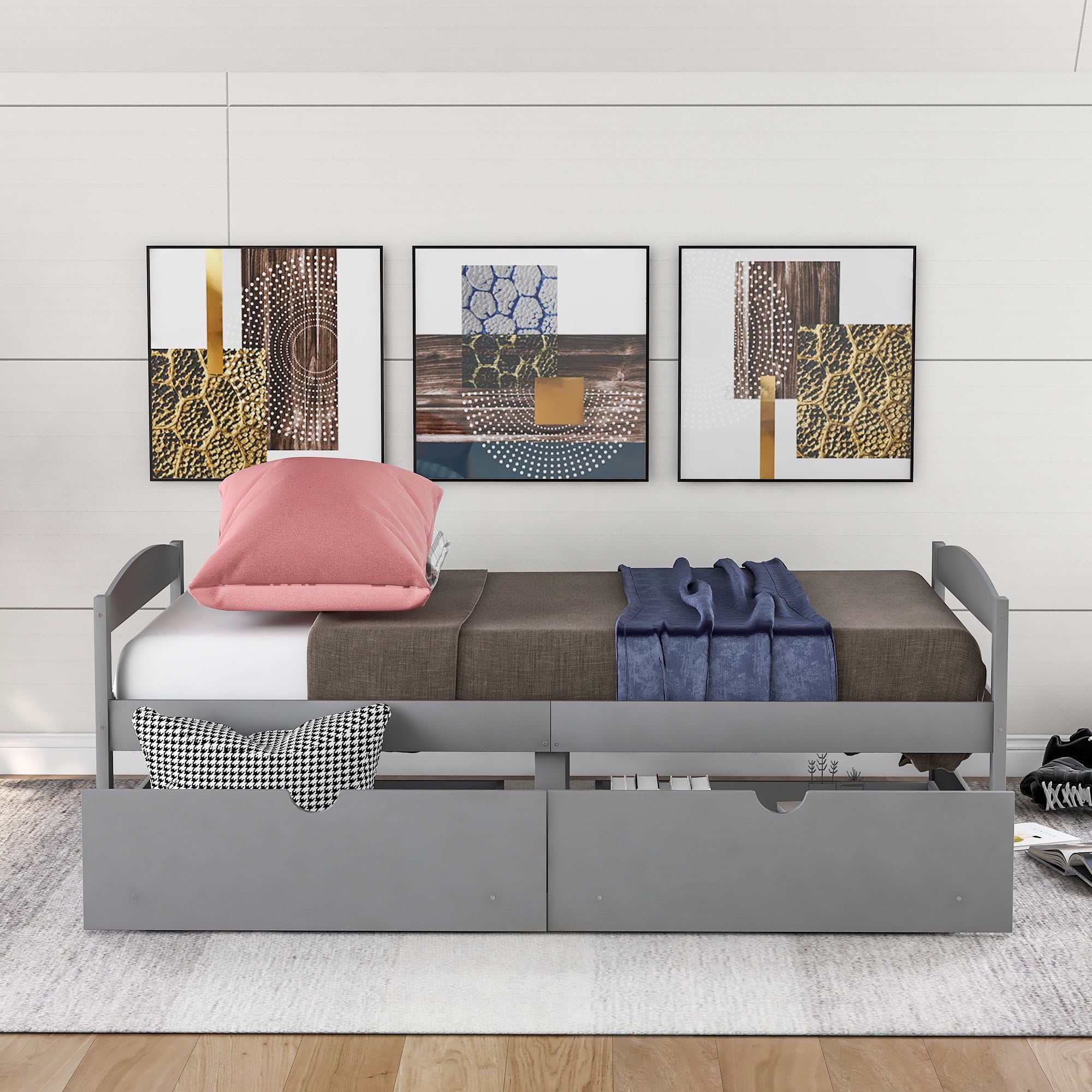 PORKISS Twin Bed Frame with 2 Storage Drawers, Gray Twin Size Platform Bed with Wood Slat Support, No Box Spring Needed, Wood Bed Frame for Kids, Teens, Guest Room