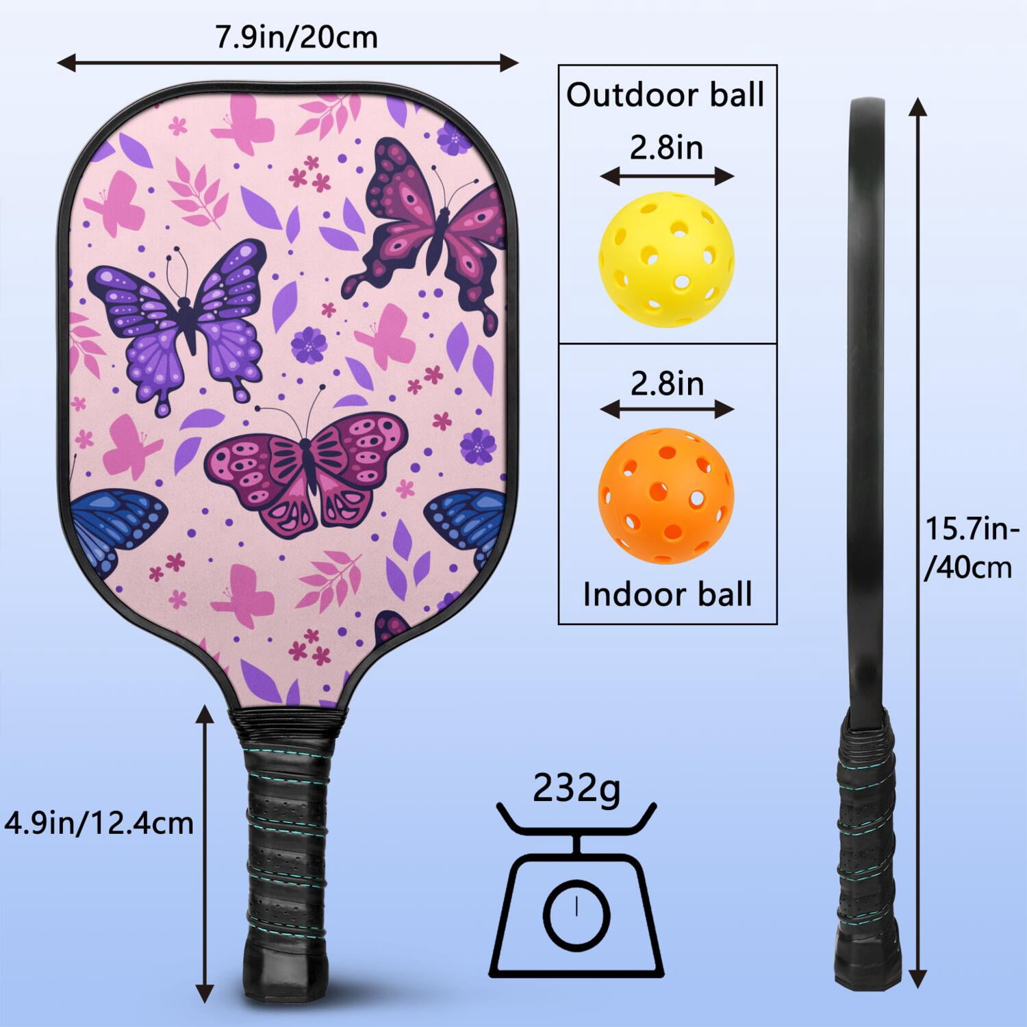 Pickleball Paddles Set Of 2, Fiberglass Surface, Vintage Floral & Butterfly, 4 Balls & Bag