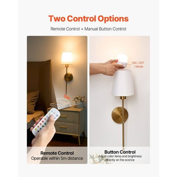 2-Pack Wireless Wall Lights with Remote - Dimmable Battery Operated Sconce for Home Decoration