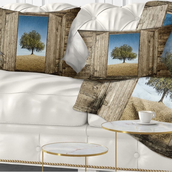 Designart Window Open To Solitary Tree - Modern Landscape Printed Throw Pillow - 12x20