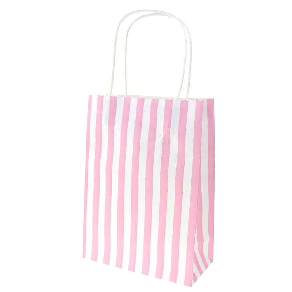 Striped Paper Kraft Bags with Handle, Pink, 9Inch, 10Count