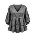 thumbnail image 5 of ClodeEU Women's V Neck Puff 3/4 Sleeve Tiered Ruffle Peplum Blouse,Loose Solid Babydoll Casual Top Gray,Women's Plus XXL, 5 of 6