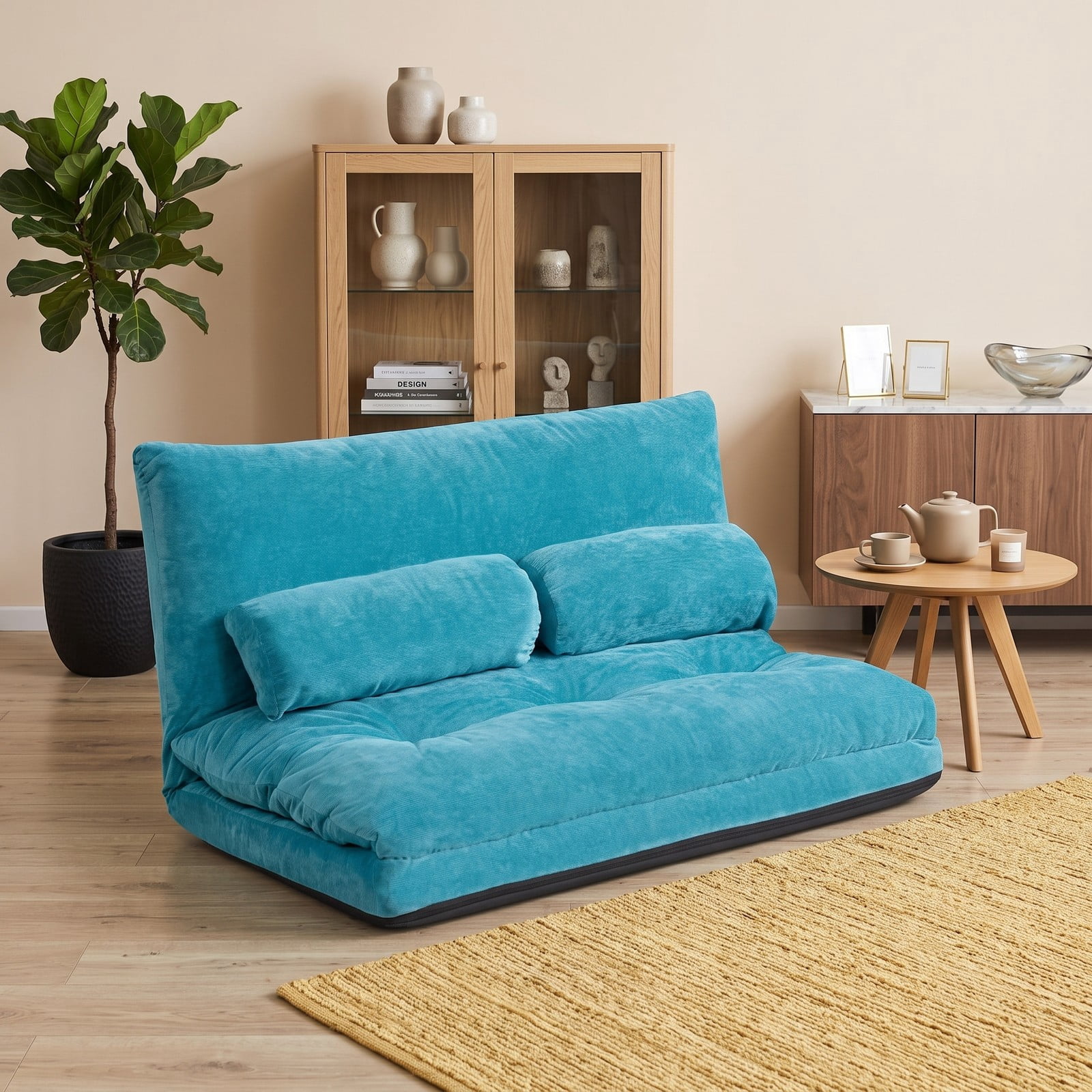 Furnibear 6-Position Adjustable Floor Sofa Bed, Foldable Sleeper Lounge Couch with 2 Pillows, Padded Corduroy Recliner Chair for Living Room Bedroom, 330 lbs, Blue