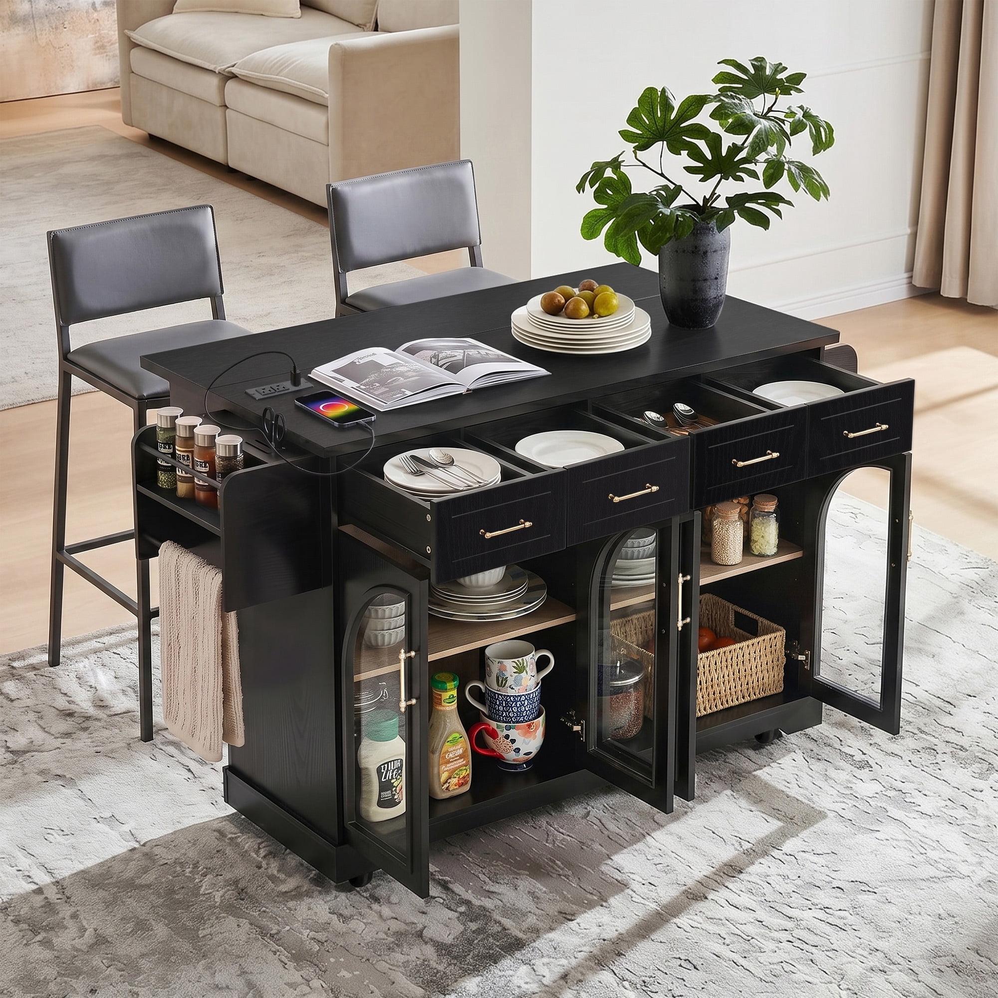 Euroco 65" Kitchen Island with Storage & Drop Leaf, Rolling Kitchen Cart on Wheels with Arched Glass Doors,4 Drawers, Spice Rack & Towel Rack,Portable Island Table for Dining Room,Black