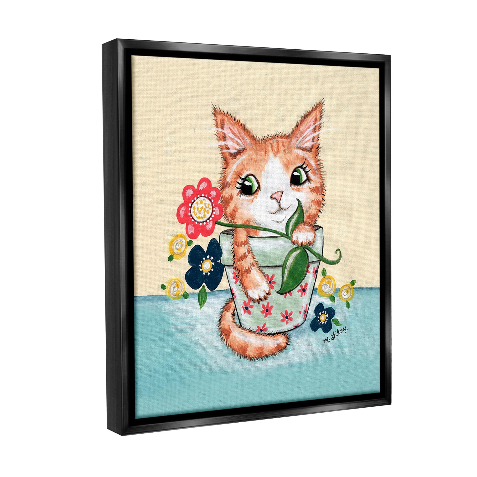 Stupell Industries Kitten in Flower Pot Animals & Insects Painting Black Floater Framed Canvas Art Print Wall Art, 25 x 31