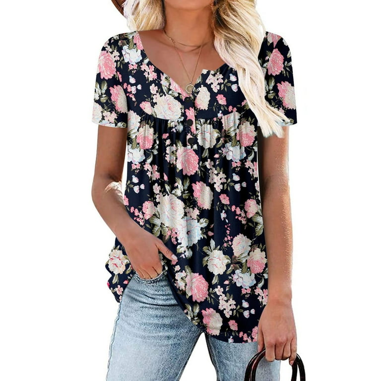 Women's Boho Tops Floral Square Neck Short Sleeve Summer Blouse Shirts  Stylish Hide Belly Loose Tunic Tops for Jeans