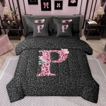 jejeloiu Letter P Monogrammed 7 Pieces Bedding Comforter Set,Chic Leopard Print Full Bedding Set For Girls Kids Reversible