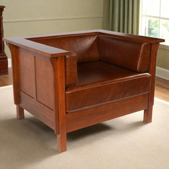 Crafters and Weavers Arts and Crafts Leather Panel Side Arm Chair in Chestnut