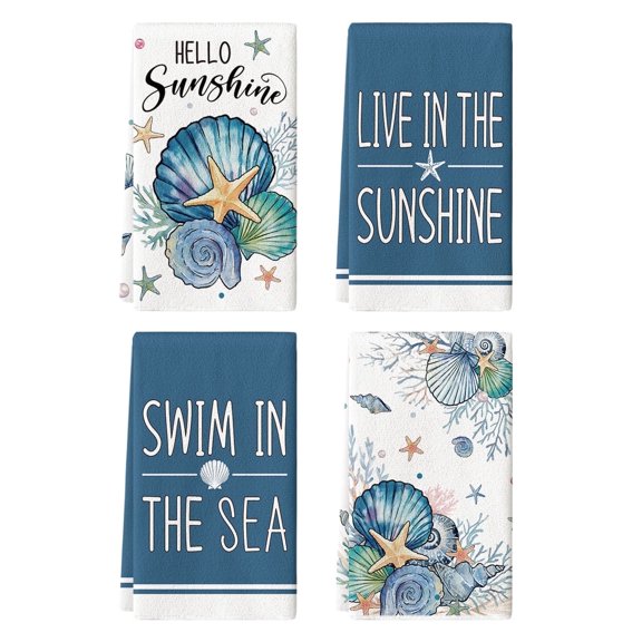 Sm:)e Marine Animals Shell Summer Kitchen Dish Towels 18x26 Inch Set of 4, Blue
