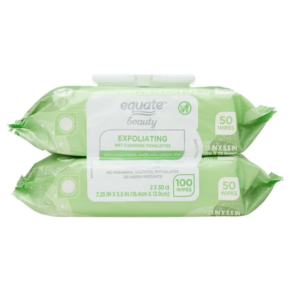 Equate Beauty Exfoliating Wet Cleansing Towelettes with Cucumber, Aloe, and Green Tea, 100 Count