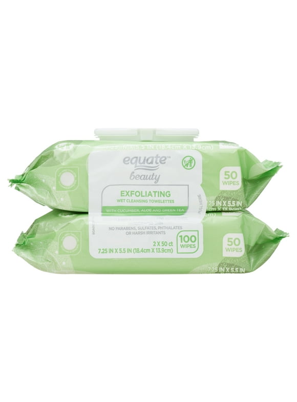 Equate Beauty Exfoliating Wet Cleansing Make up Remover Facial Wipe, Twin Pack 100 Count