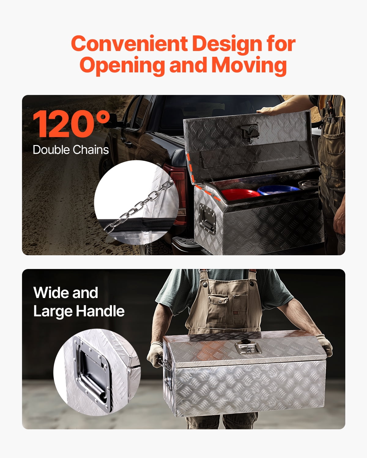VEVOR Heavy Duty Aluminum Truck Bed Tool Box, Stripes Plated Tool Box with Side Handle and T-Lock Keys, Storage Toolbox Chest Organizer for Trailer, Pickup, Truck Bed, RV, 30"x13"x13", Silver