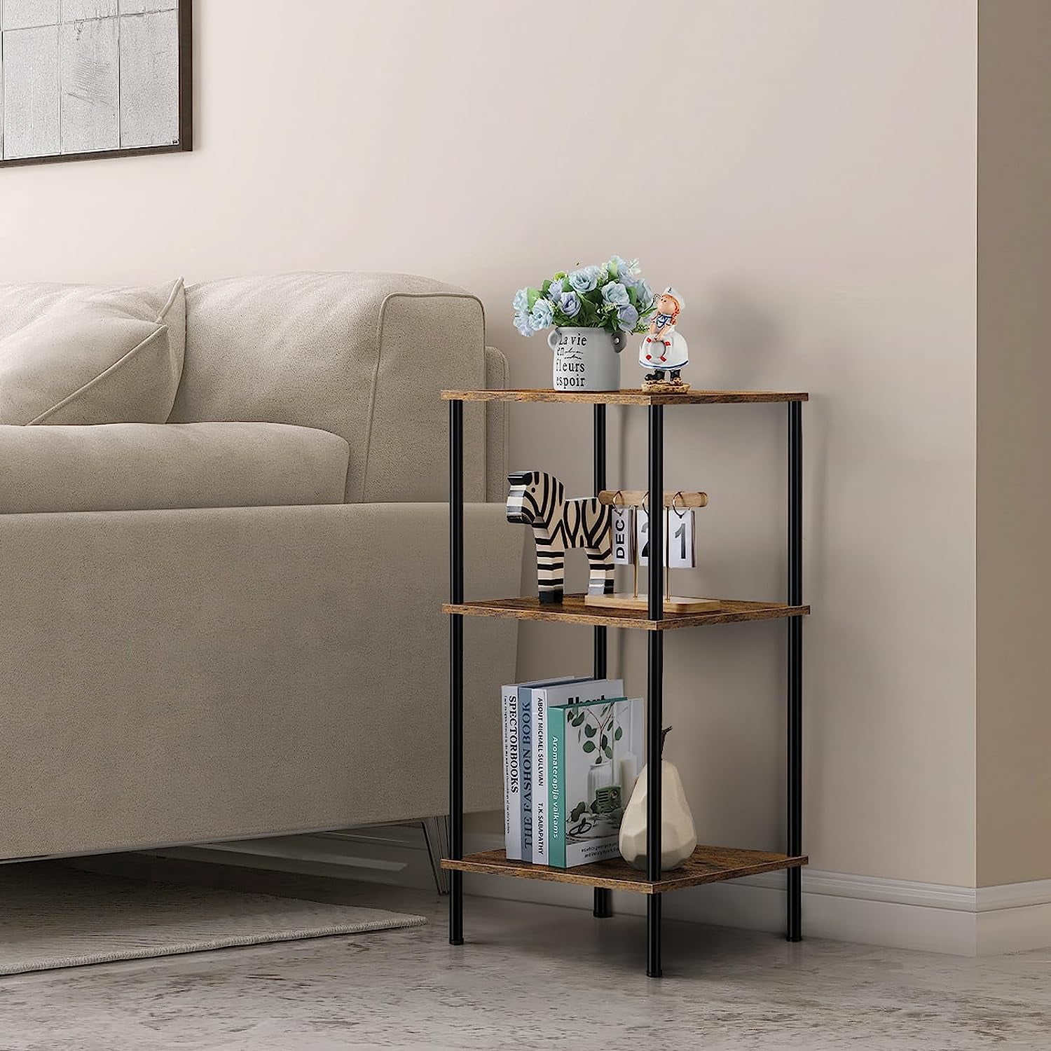 Oumilen Indoor Modern Lightweight Wood/Metal Rectangle 3-Tier End Table, Brown