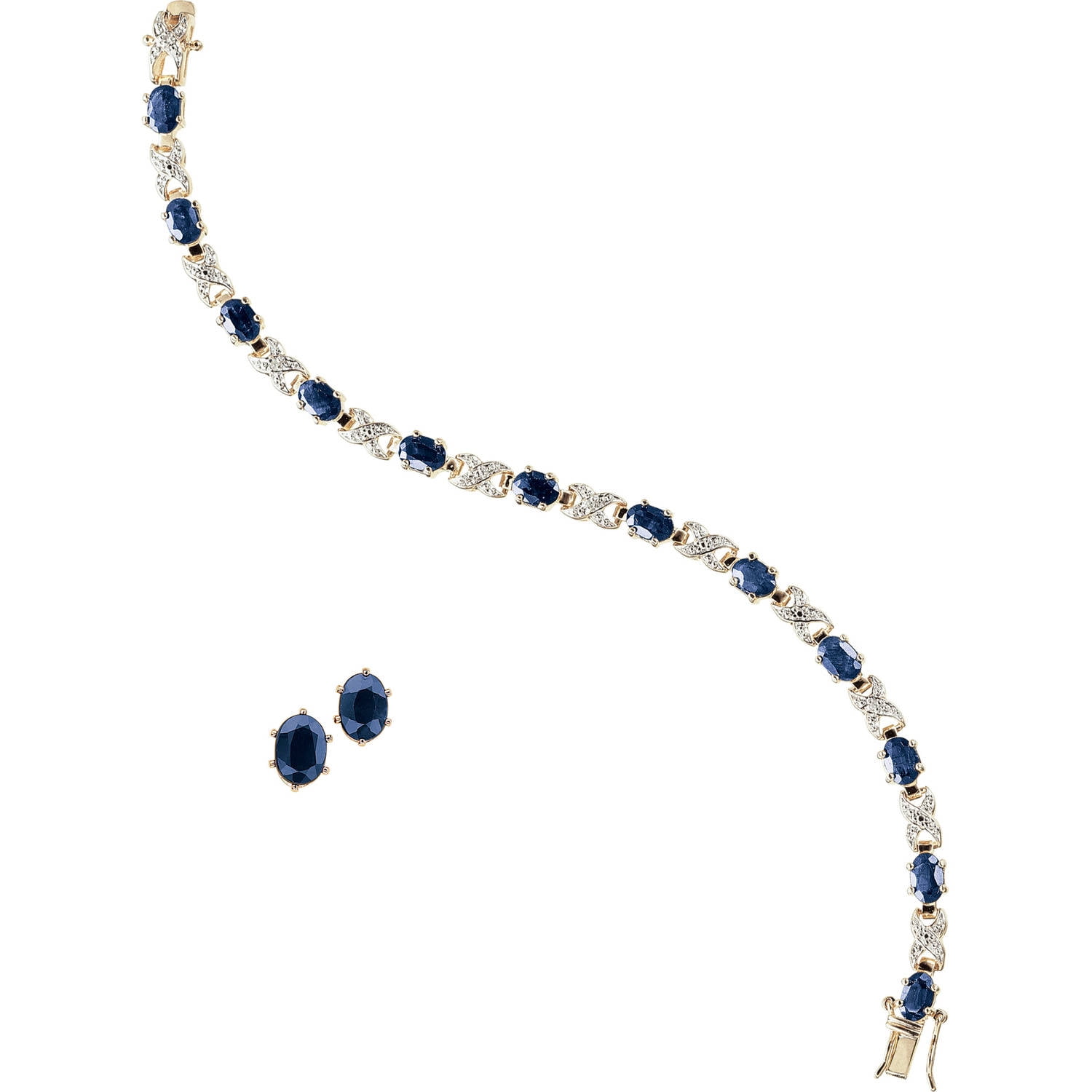 Gold and Rhodium Plated Sapphire Ovals with Diamond Accent Bracelet with Oval Earring Set, 8" by Generic