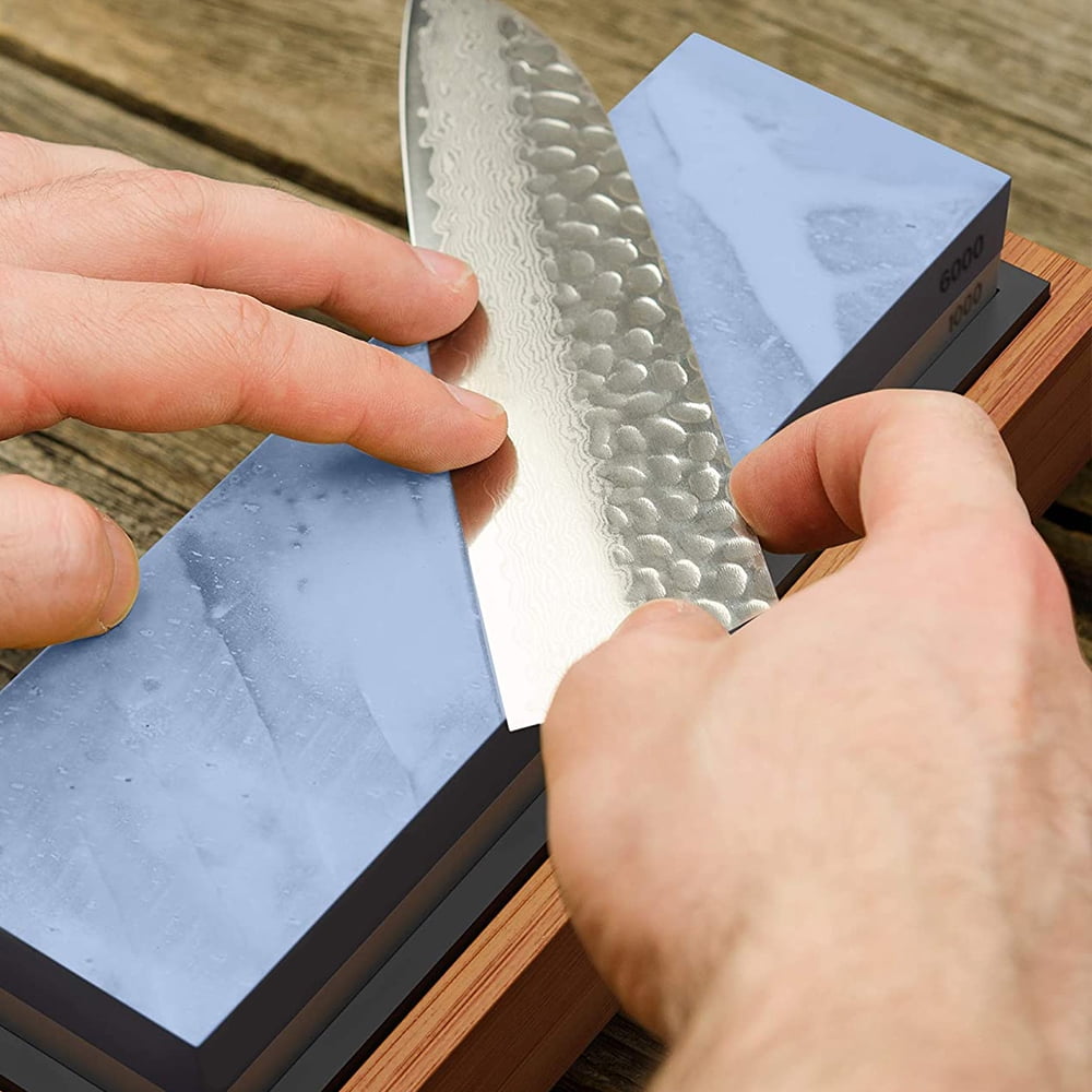 Whetstone Knife Sharpening Stone 2 Side Grit 1000/6000 Whetstone Sharpener NonSlip Bamboo Base and Angle Guide