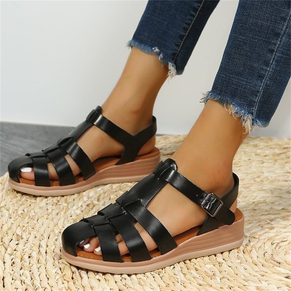 Vedolay Sandals for Ladies Wedge Women's Summer Closed Toe Ankle Strap Hollow Out Walking Single Shoes,Pink 8