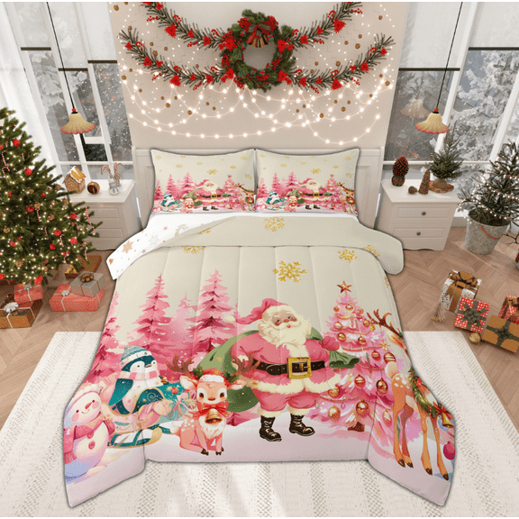 Manfei Cartoon Santa Claus Bedding Comforter Set for Kids, Pink Christmas Tree Twin Comforter Sets, Kawaii Reindeer Penguin Snowman Reversible Bedding Set, Luxury Bedroom Decor, 2 Pieces