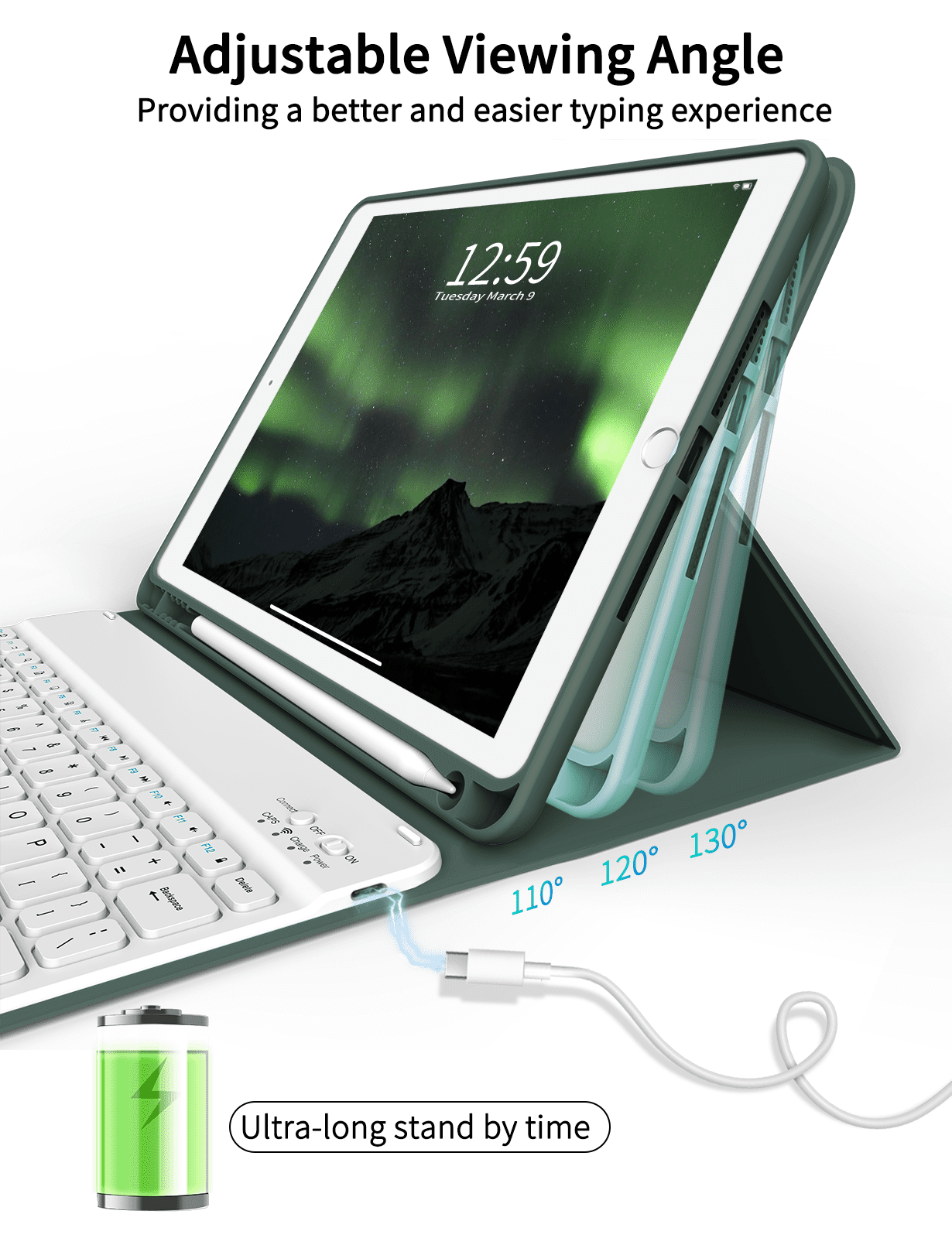 Aoub Keyboard Case for iPad 6th / 5th Generation 2018/2017 9.7 Inch, iPad Air / Air 2, Magnetic Detachable Wireless Bluetooth Folio Stand Rechargeable Keyboard Cover with Pencil Holder, Dark Green