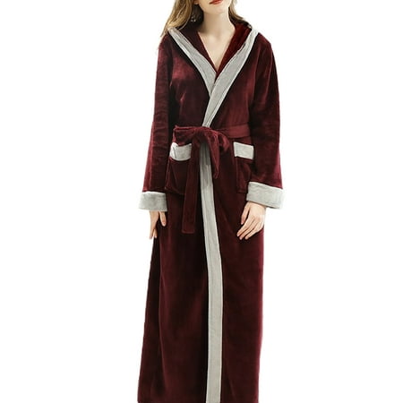 

Frontwalk Women Soft Belted Robe With Pockets Warm Nightgowns Unisex Adults Long Sleeve Sleepwear Pajamas Wine Red Women L