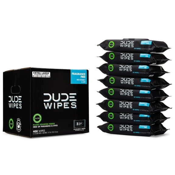 DUDE Wipes Flushable Wipes, Unscented XL Wet Wipes to Use with Toilet Paper, 50 Ct, 8 Pack