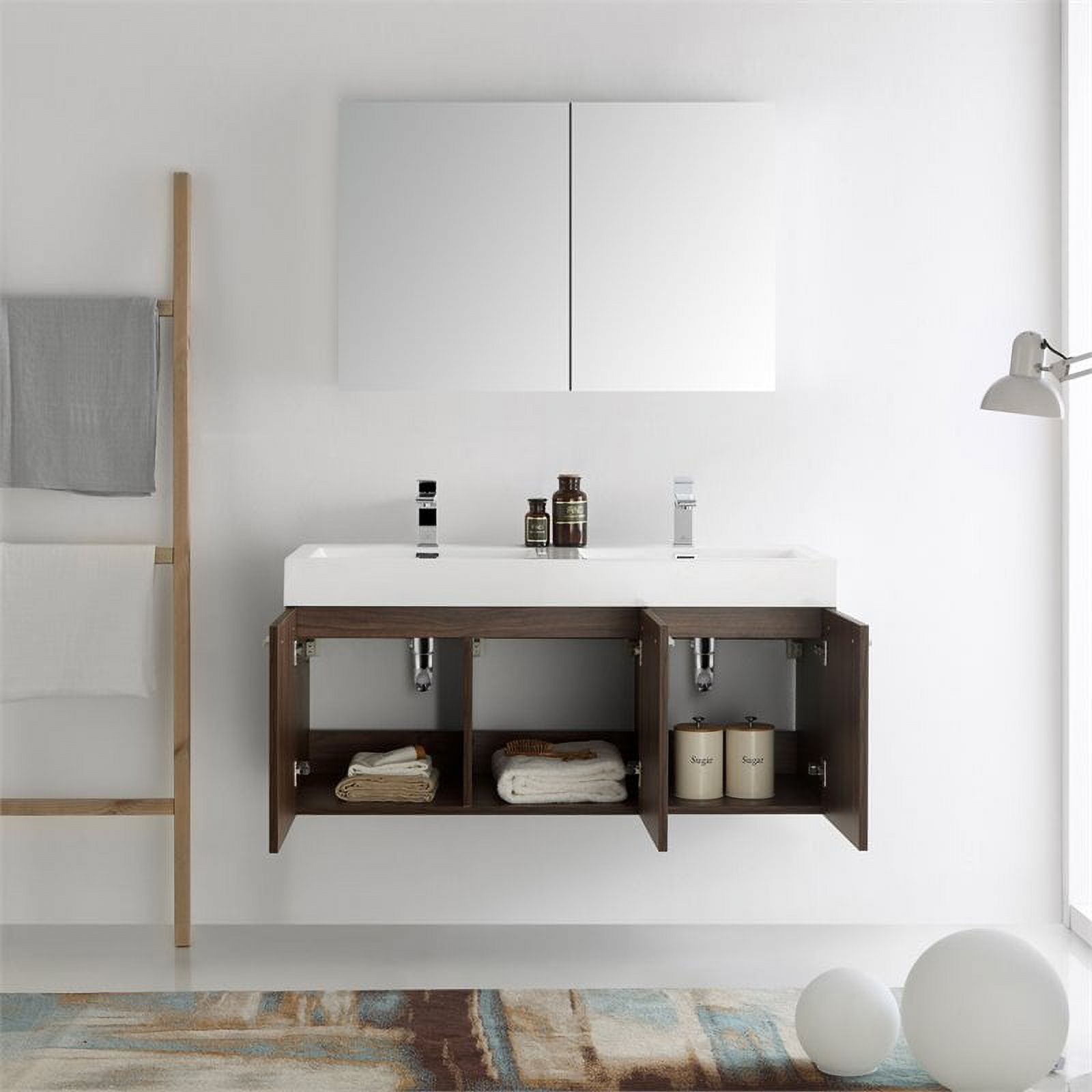 Vista 48"Walnut Wall Hung Dbl Sink Bathroom Vanity & Medicine Cabinet - image 4 of 5