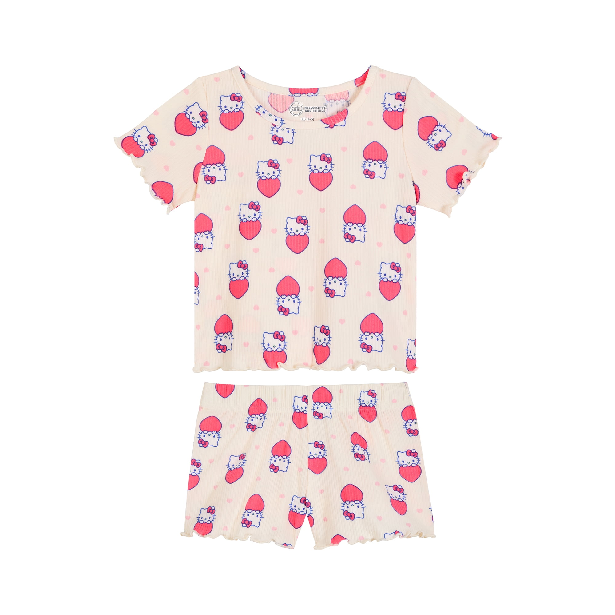 Hello Kitty x Wonder Nation Girls Short Sleeve Pajama Top and Short Ribbed Pajama Set, 2-Piece, Sizes 4-18