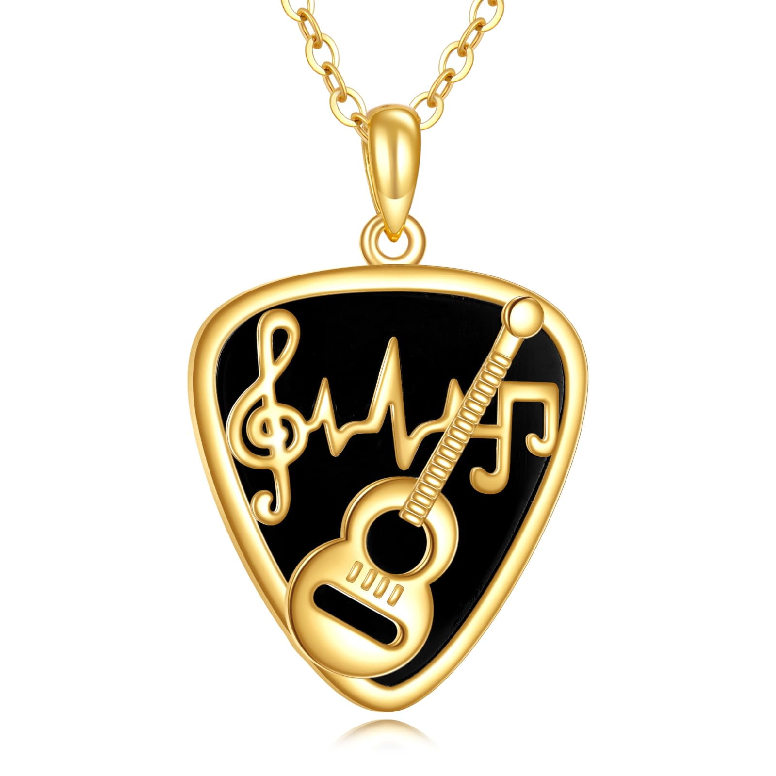 YAFEINI 14K Solid Yellow Gold Guitar Pick Music Note Pendant Necklace for Women Trendy Music Guitar Lover Black Onyx Stone Jewelry