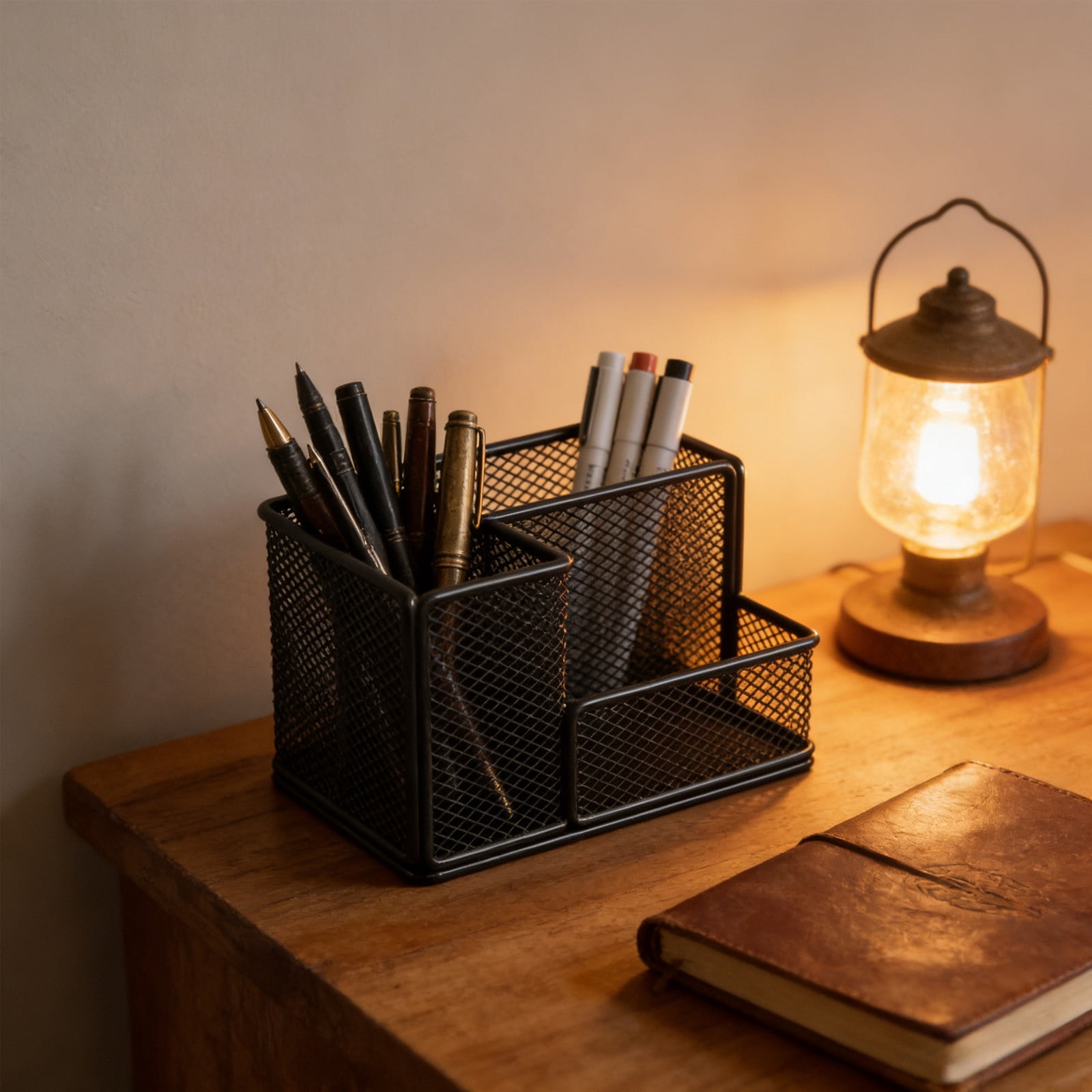 Mesh Pen Pencil Holder Desk Organizer, 3 Compartment Wire Desktop Pen Pencil Cup Caddy Office Supplies Desk Accessories for Home Office, Black
