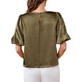 thumbnail image 5 of Women'S Satin Silk Blouses Puff Short Sleeve Dressy Casual Tops Loose Fit Crew Neck Cropped Shirts Green S, 5 of 10