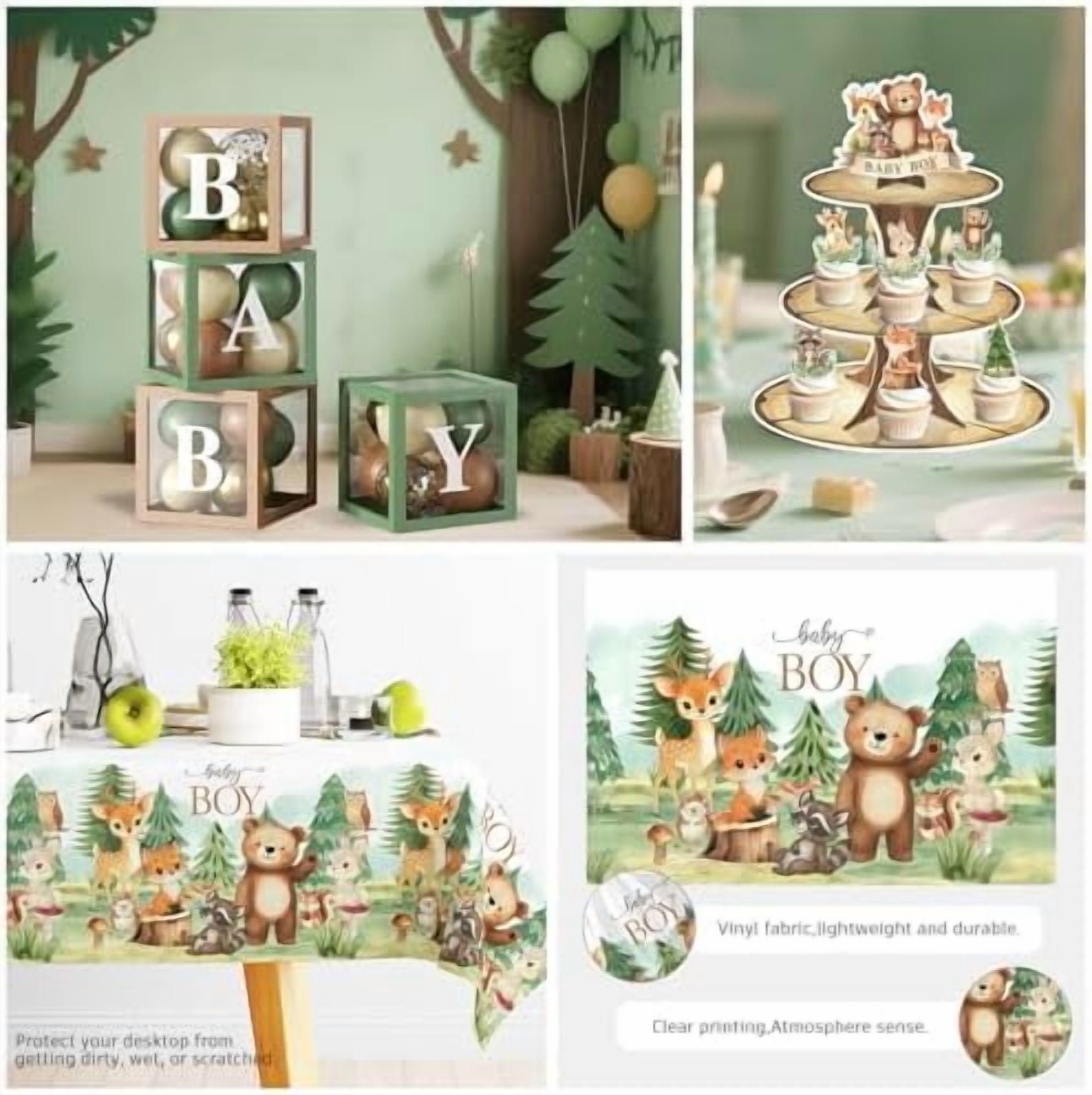 254Pcs Woodland Baby Shower Decorations, All-in-one Baby Boy Woodland Forest Animals Party Set with Plates, 2 Tablecloths, Cupcake Stand Woodland Theme Baby Shower Decorations$$
