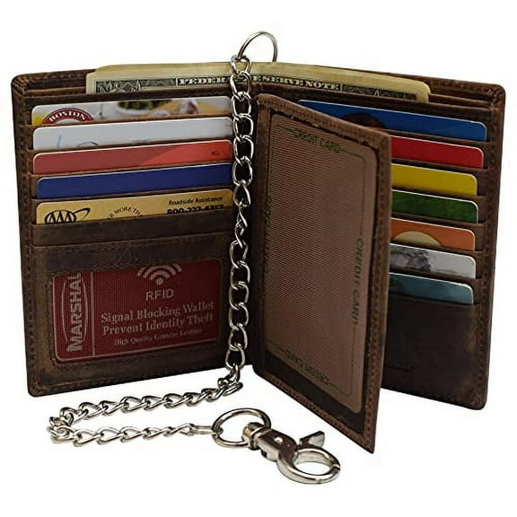 RFID Blocking Hipster Bifold Vintage Leather Chain Biker Wallet for Men