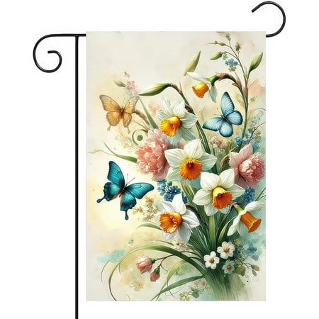 Spring Daffodil Garden Flag 12x18 Inch Double-Sided Yard Decoration Butterflies Blooming Flowers for Outdoor Outside Spring Decor Home Farmhouse Summer Decorations