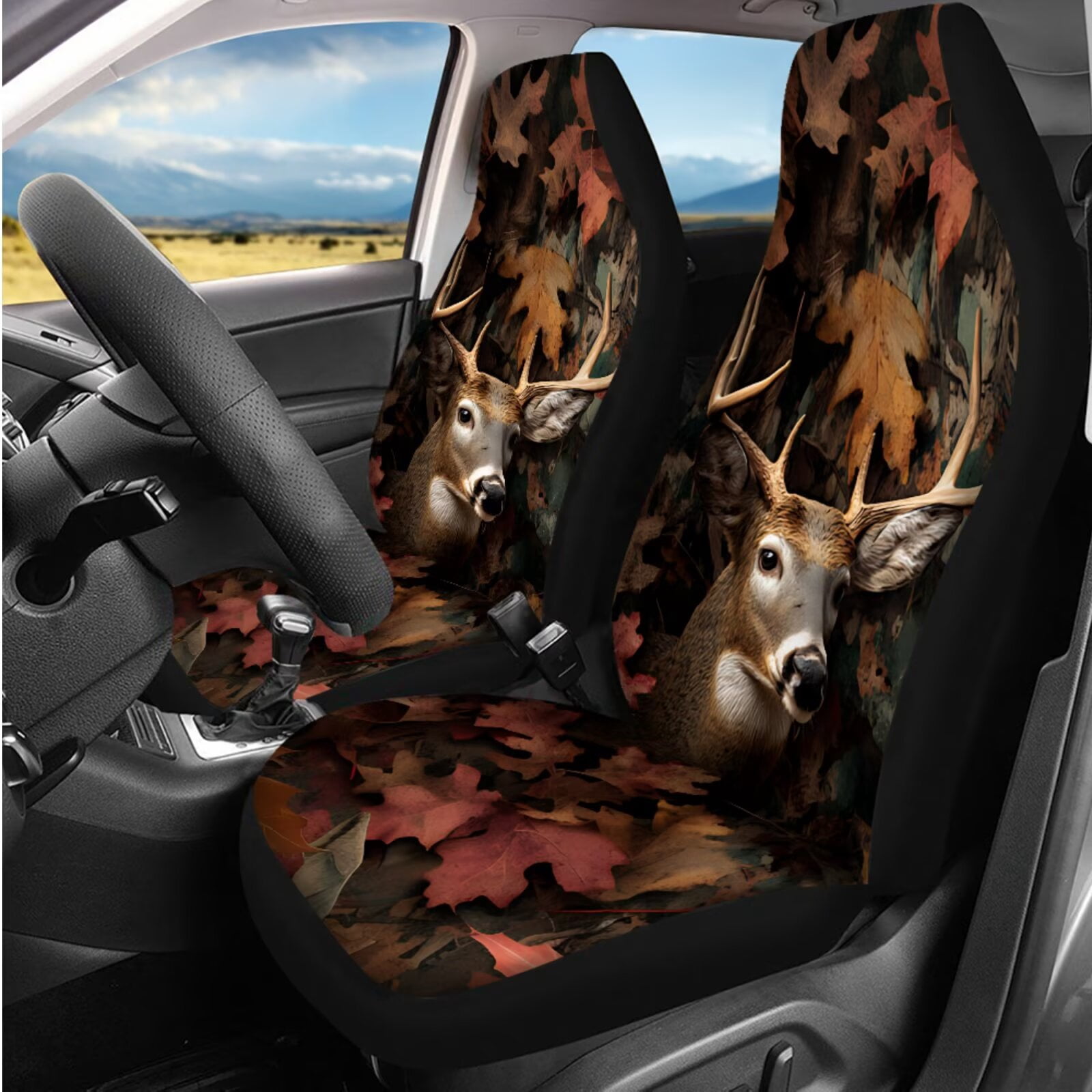 Binienty Deer Hunting Camo Car Seat Covers Full Set 14 Pack with Car Steering Wheel Cover Armrest Cushion Pad Headrest Covers Seat Belt Pads Vehicle Interior Accessories Set